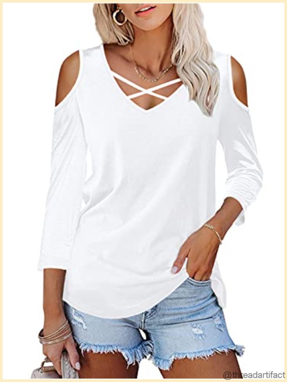 Women's Cold Shoulder Criss Cross V Neck Tunic Top Blouse